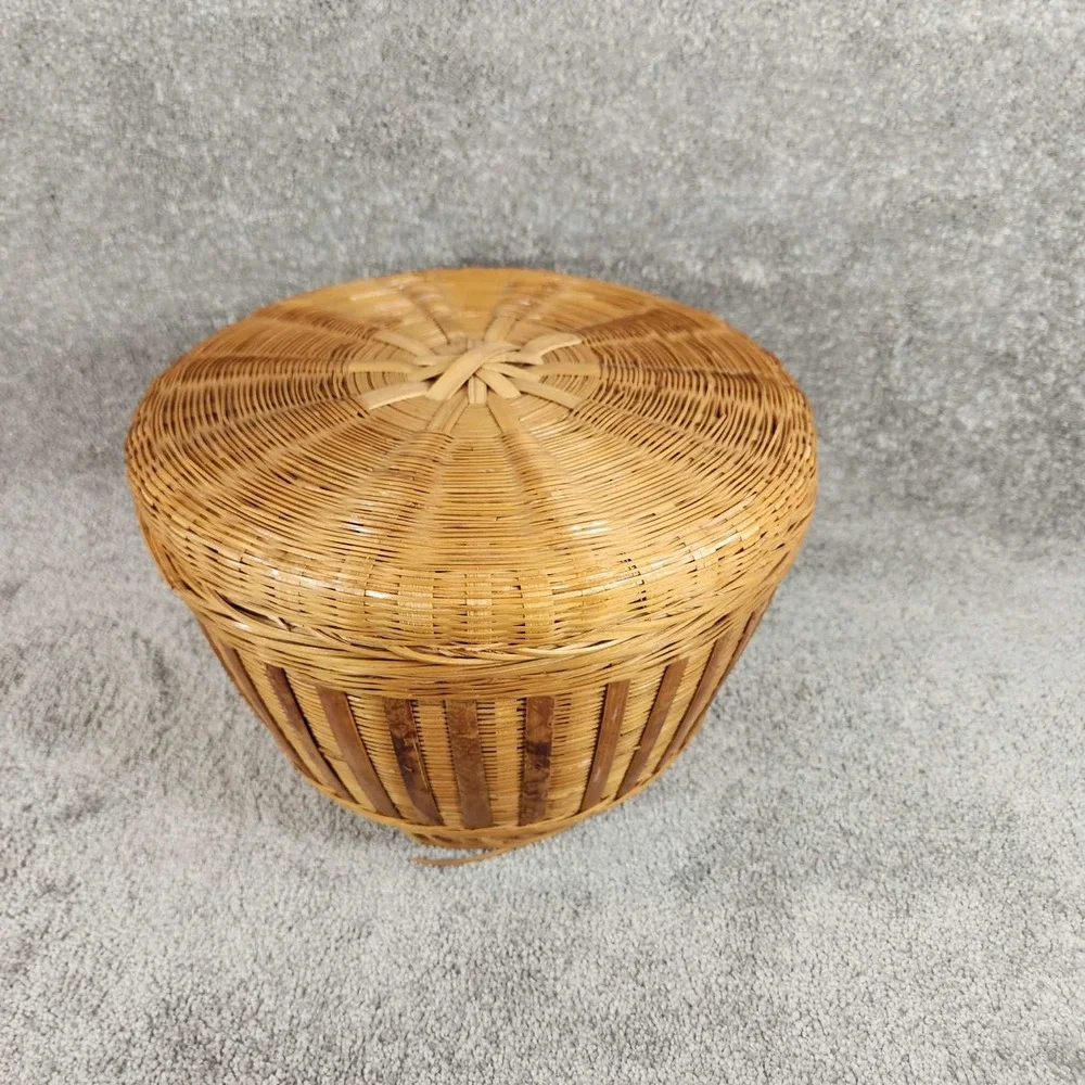 Woven Bamboo Basket Natural Tan Lidded Round Boho Storage Decor